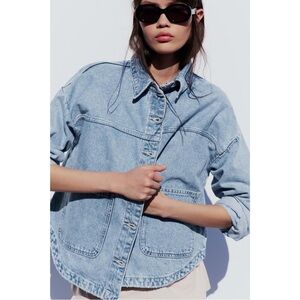 ZARA Oversized Denim Jacket Light Wash Boxy Cropped XL